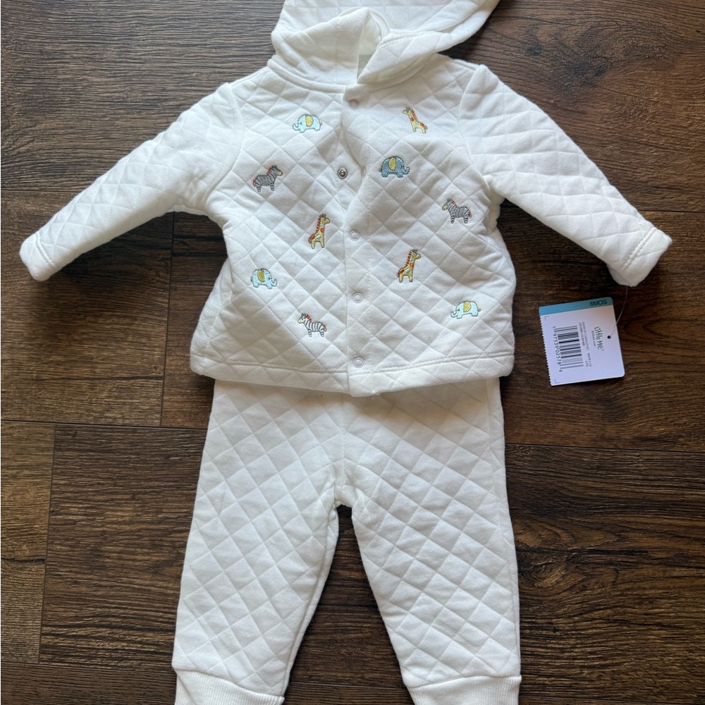 NWT Little Me White Quilted Baby Outfit with Animal Embroidery
